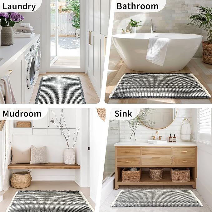 Bathroom Rugs Sets 2 Piece - Waffle Bath Mat Non Slip, Washable Bathroom Mats Absorbent Soft Boho Decor, Quick Dry Shower Mats, 2 Pack 18x30 Inch, Dark Grey and White