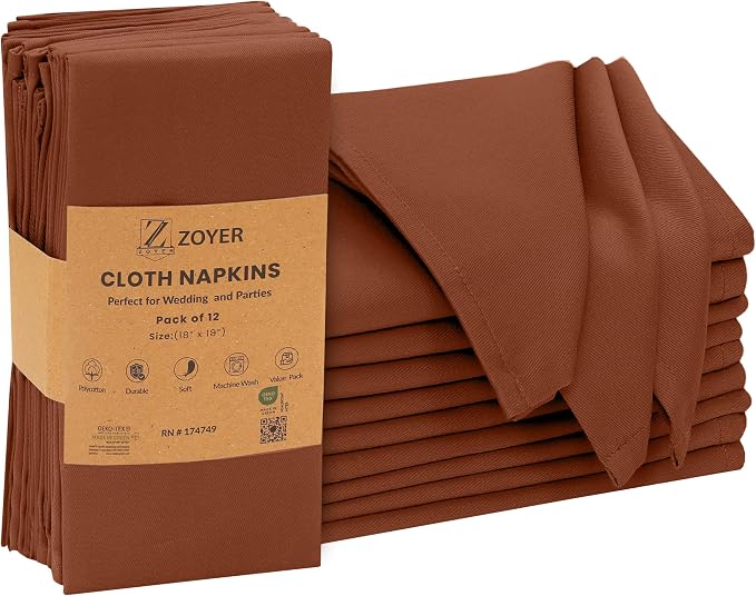 Zoyer Cloth Napkins Set of 12, 18x18 Inches Cotton Enrich Napkins Cloth Washable, Soft & Durable Dinner Napkins for Parties, Wedding, Christmas, Thanksgiving & Everyday Use - Rust