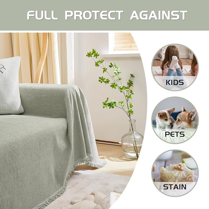 MEETSKY Green Sofa Covers for Dogs - 2 Cushion Chenille Slipcover for Sectional L-Shaped Couch - Pets Protector Furniture Cover, 71" x 134", Sage Green