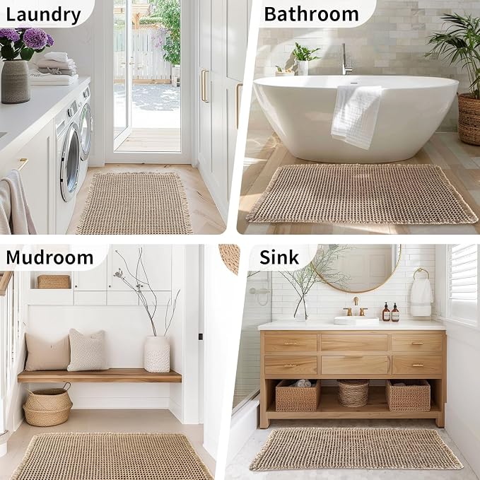 Large Bathroom Rugs Sets 2 Piece - Waffle Bath Mat Non Slip, Extra Absorbent Washable Bathroom Mats for Tub and Shower, Quick Dry Spa Decor, 20x32 & 20x48, Khaki