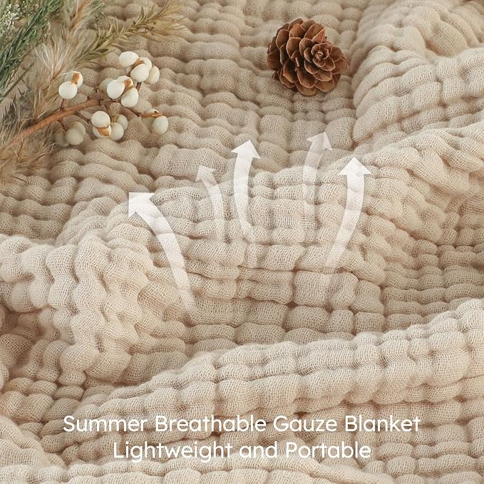 Yoofoss Muslin Blanket 100% Organic Cotton Throw Large 50" x 60" for Bed Couch Summer Gauze Blanket for Adults Lightweight and Breathable Apricot White
