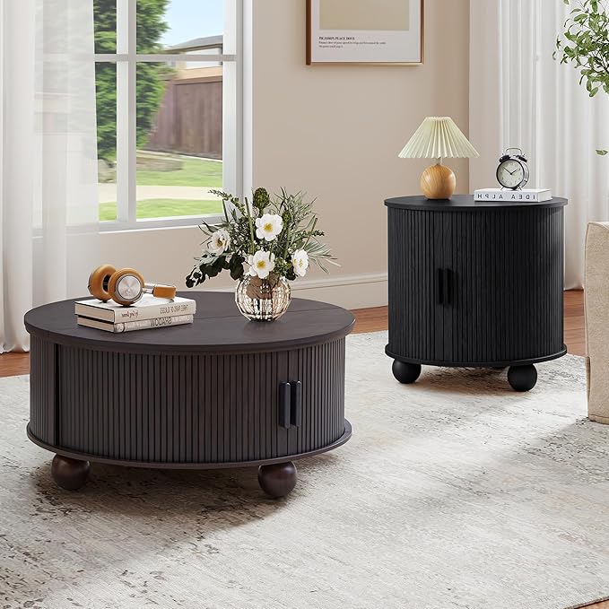 Round Lift Top Coffee Table with Hidden Storage, 33.5'' Mid-Century Fluted Coffee Table with Sliding Tambour Door Solid Wood Legs, Circle Center Table for Living Room, Small Space (Smoked Black)