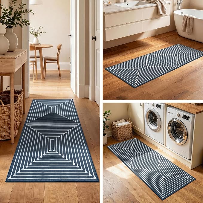 YIHOUSE 2x6 Kitchen Runner Rug Non Slip Washable, Dark Blue 6ft Rug Runners for Entryway Hallway Non Skid, Modern Geometric Striped Carpet Runner for Bathroom Bedroom Laundry Room