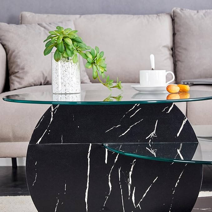 42" Glass Coffee Table, Round Coffee Table, Modern Double Layer Round Glass Coffee Table for Living Room, Black