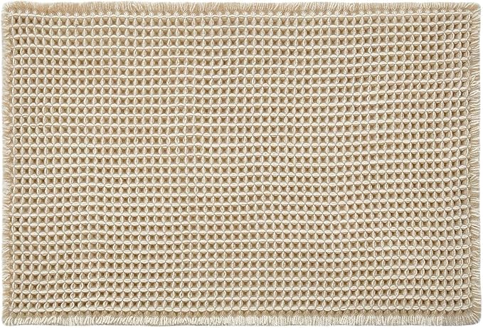 Triohero Waffle Bath Mat, Small Boho Bathroom Rugs Non Slip Washable, Ultra Soft Super Absorbent Quick Dry Farmhouse Bathroom Decor, 16" x 24", Pale Beige