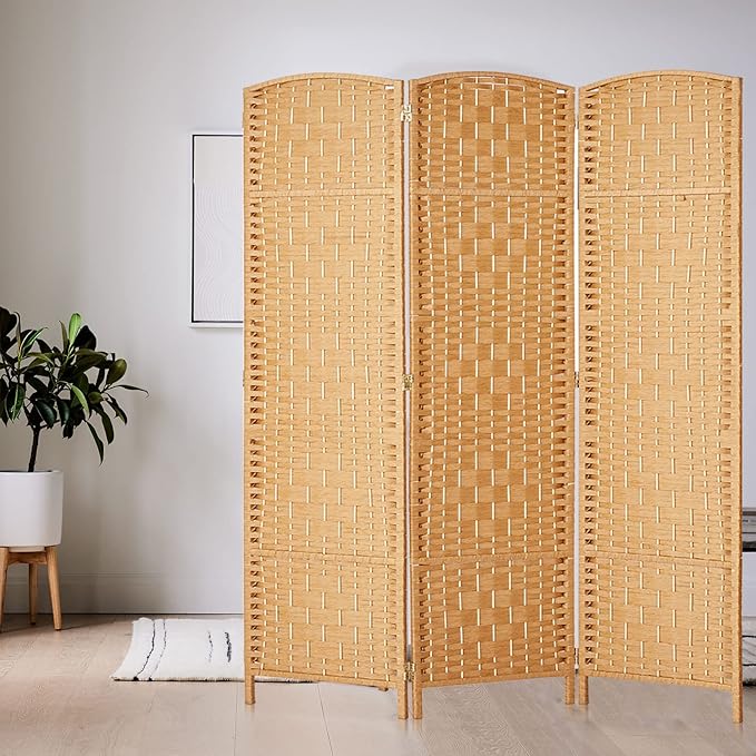 Rose Home Fashion Room Divider 5.6 ft.Tall-15.7" Wide Weave Fiber 3 Panels Room Dividers and Folding Privacy Screen/3 Panels Partition Room Divider Wall Freestanding 3 Panel, Light Beige