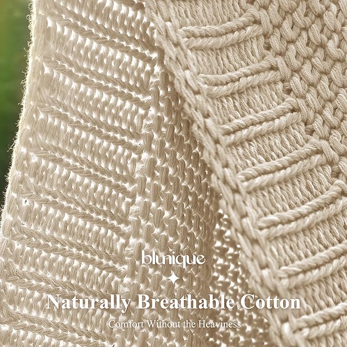 100% Cotton Cable Knit Throw Blanket, Lightweight Soft Knit Blanket for Sofa Couch Bed, Breathable All-Season Throw, Cozy Decorative Blanket, 50 x 60 Inch,Linen
