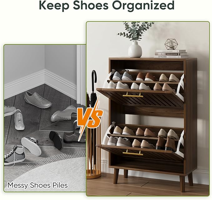 Smart FENDEE Shoe Cabinet Storage for Entryway with 2 Flip Drawers, Slatted Shoe Cabinet with Golden Handle, Wooden Hidden Shoe Rack Freestanding Narrow Slim Shoes Organizer for Hallway, Entrance