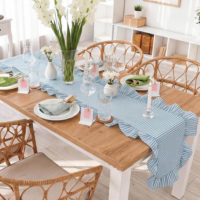Blue Stripe Ruffled Table Runner 72 Inches Long Scalloped Table Runner Rustic Cotton Tabletop Farmhouse Decor for Baby Shower Bride Shower Birthday Party Holiday Wedding