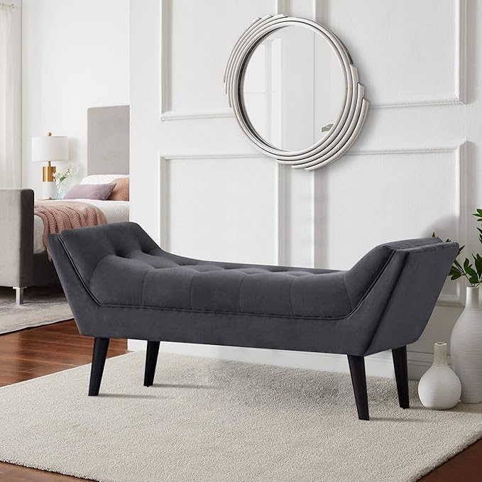 Alunaune Velvet Tufted Ottoman Bed Bench for Bedroom End of Bed Bench, Upholstered Entryway Bench Storage Ottoman Footstools with Wood Legs-2 Seater, Dark Gray