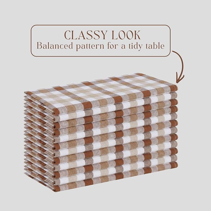 Gingham Check Napkins 4 Pack, 18x18 Inches, Reusable Table Linens, Washable Cloth Dinner Napkins for Rustic Dining, Celebrations, Stylish and Functional - Brown, White, Beige