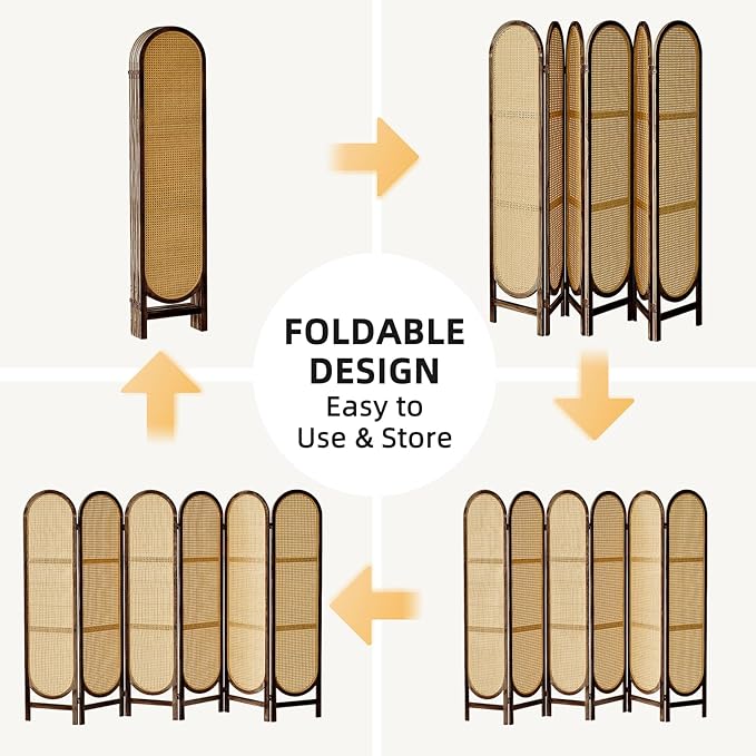 5.6 Ft Room Divider 6 Panel, Folding Privacy Screen, Rattan Room Divider, Foldable Wood Divider Panel, Portable Partition Screen, Wall Divider for Room Separation Home Office Garden-Brown