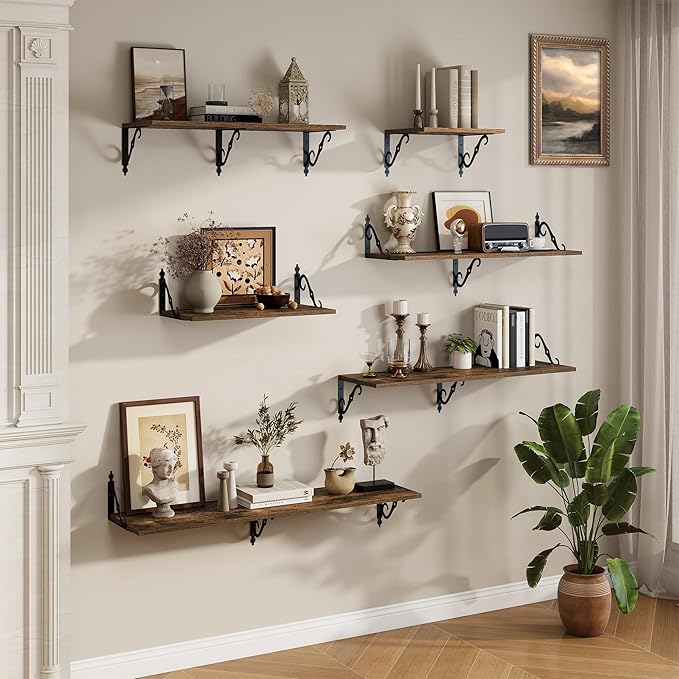 RICHFOCUS 12 Inch Deep Floating Shelves for Wall, 24" W x 12" D Wood Wall Shelves Set of 2, Wide Floating Shelves for Living Room, Bedroom, Kitchen, Bathroom and Decor Storage, Rustic Brown