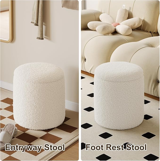 Round Boucle Ottoman with Storage Set of 2, White Ottoman Poufs for Living Room, Sherpa Storage Ottoman Stool, Cute Teddy Foot Rest, White Makeup Vanity Stool Chair, Small Coffee Table