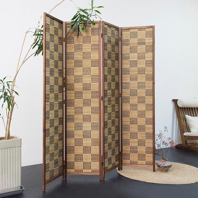 Furnnylane 4 Panel Bamboo Room Divider – 5.6 ft Tall Double-Sided Folding Privacy Screen, Freestanding Wall Partition for Home Office & Bedroom, Caramel Woven Texture, Easy Setup (67" H x 63" W)