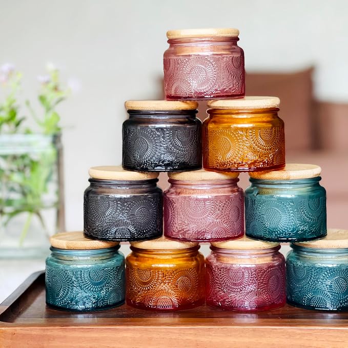 4 oz Colored Mini Glass Jars with Airtight Bamboo Lids 12 pack, Decorative Small Food Storage Canister, Vintage Embossed Home Décor Candle Parties Wedding Baby Shower Favors Gift