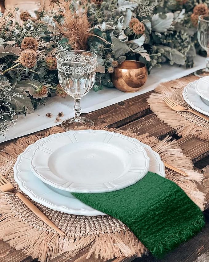 60 Pack Emerald Green Napkins Cotton Linen Napkins 16 x 16 Inch Green Napkins Cloth Handmade with Fringe Soft Napkins Cloth Washable Rustic Dinner Napkins Cloth for Wedding Party Dinner Table