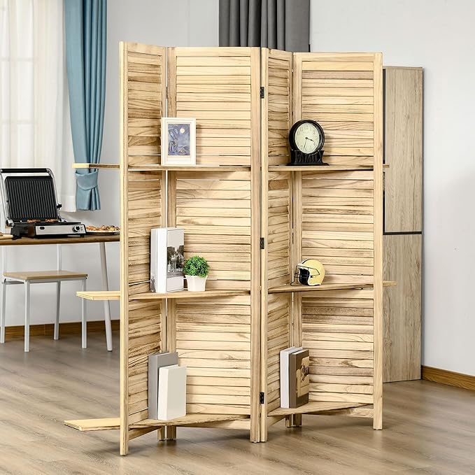 4-Panel Folding Room Divider with Shelves, 5.6 Ft Freestanding Paulownia Wood Privacy Screen Panel with Storage Shelves for Bedroom or Office, Natural