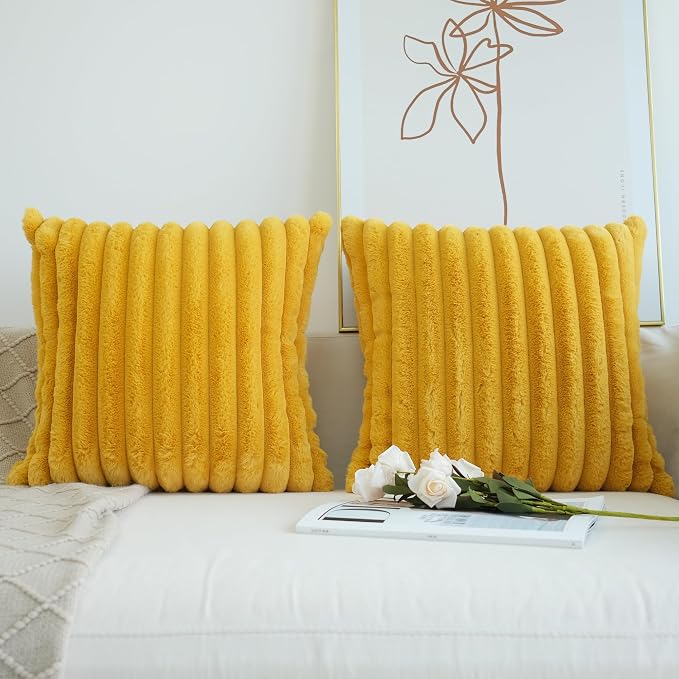 JOJUSIS Pack of 2 Faux Fur Plush Decorative Throw Pillow Covers Couch Cushion Case Soft Pillowcases (Mustard Yellow, 20 x 20-Inch)