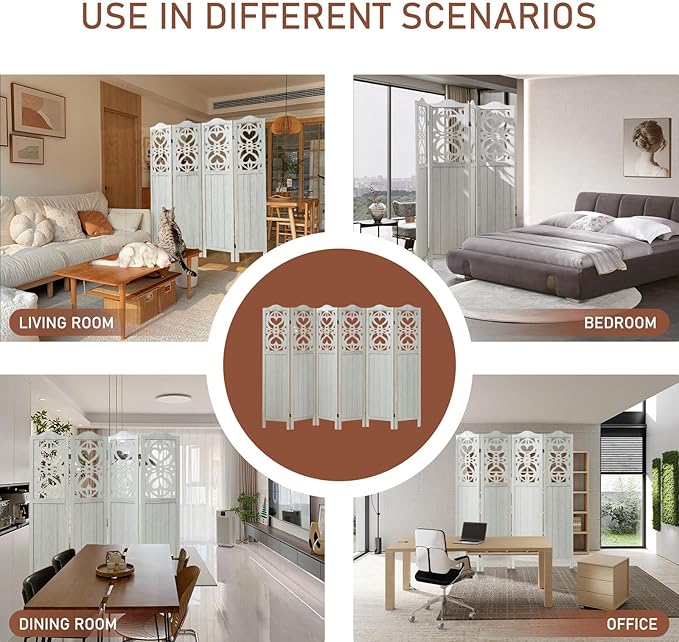4 Panel Room Divider Fully Assembled, Carved Room Dividers and Folding Screens, 5.6Ft Wood Room Divider Screen Freestanding Partition Wall Dividers for Home Bedroom Office, Rustic White