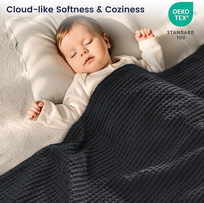 PHF 100% Cotton Waffle Weave Blanket King Size 104" x 90" - Lightweight Washed Soft Breathable -Perfect Layer for Couch Bed Sofa - Aesthetic Elegant Home Decoration Gift - Black