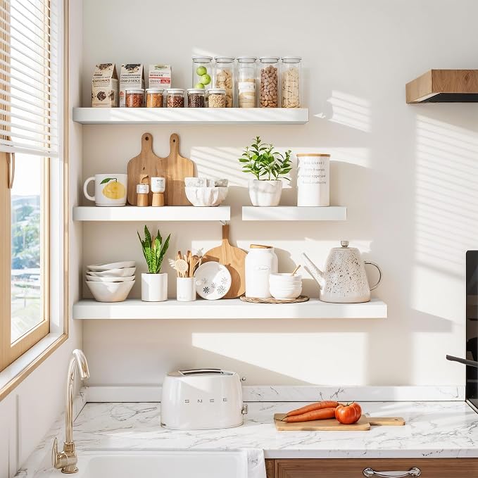 Vivelove White Floating Shelves 36 Inches Long, Wall Display Shelves with Invisible Brackets, for Bathroom Living Room Kitchen Bedroom Office Farmhouse Home Decor, 36x9.3X 1.5 - Set of 2, White