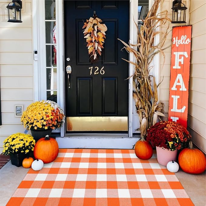 KIMODE Fall Outdoor Rug Orange and White 3'x5',Washable Cotton Halloween Front Door Rug,Farmhouse Buffalo Plaid Layering Rugs,Reversible Fall Door Mat for Entryway,Halloween Front Porch Decor