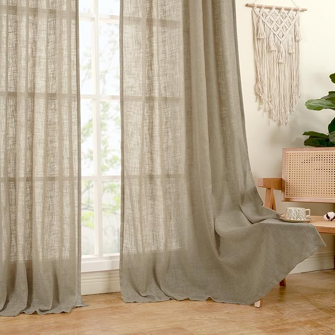 LAMIT Taupe Sheer Linen Curtains, 102 inch Light Filtering Semi Sheer Panels Back Tab and Rod Pocket Farmhouse Rust Drapes for Bedroom/Living Room, 2 Panels, 52 x 102 Inch