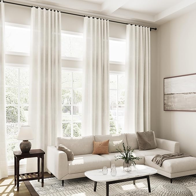 Linen Cream Curtains 118 Inch Extra Long for Living Room Back Tab Light Filtering Semi Sheer Drapes Modern Farmhouse Coastal Decor Cotton Textured Curtain for Floor to Ceiling Window 52x118