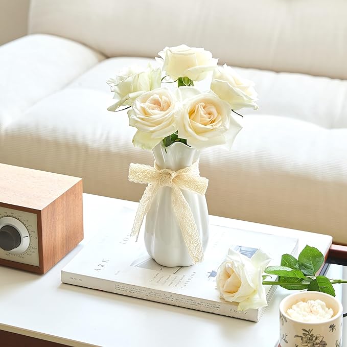 White Ceramic Flower Vase, 8'' Modern Decorative Vases Minimalism Boho Vases for Home Decor, White Vase for Table Centerpieces Living Room Office Wedding Farmhouse Decor