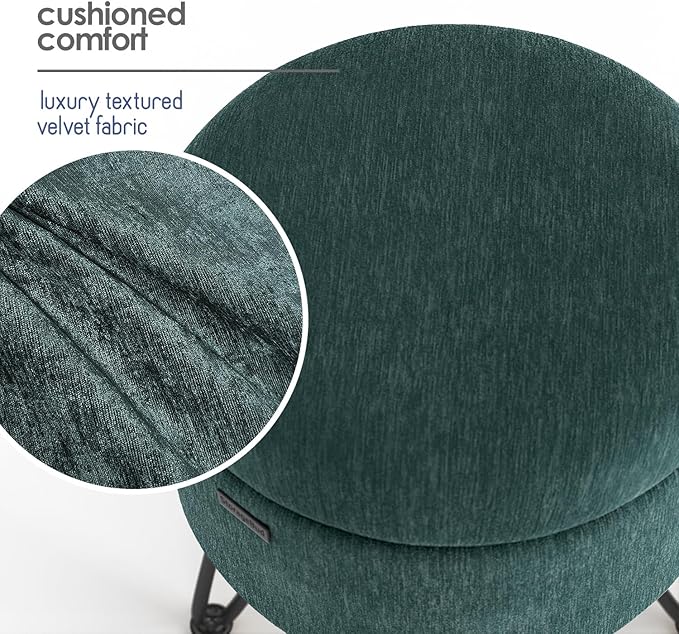 Round Ottoman with Storage, Textured Velvet Storage Ottoman, Foot Stool Ottomans, Makeup Vanity Stool, Small Ottomans Foot Rest, Modern Vanity Stools for Living Room and Bedroom, Green