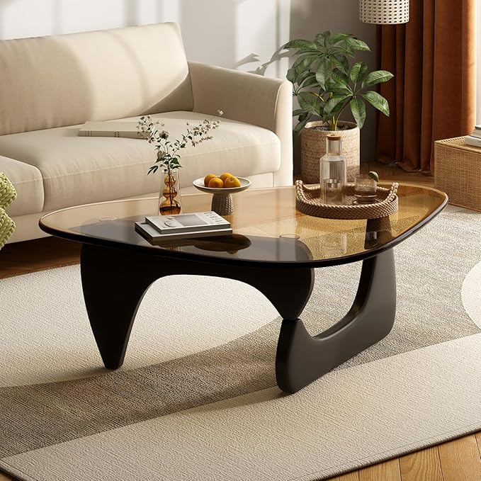 Coffee Table for Living Room Mid Century Modern Center Table with Glass Top and Wood, Black Brown