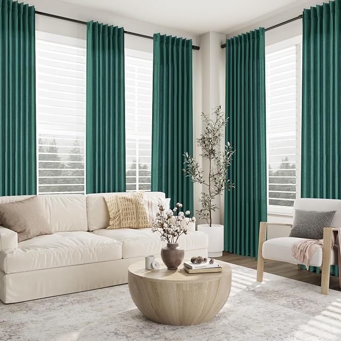 Aersas Dark Green Pinch Pleated Linen Curtains 90 Inch Length 2 Panels for Living Room Bedroom Semi Sheer Window Curtain Boho Neutral Back Tab Pinch Pleat Drape with Hooks 40x90