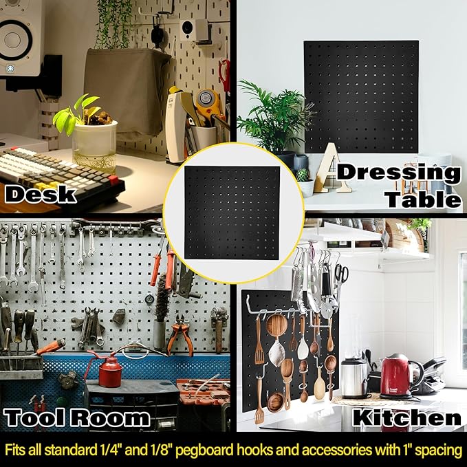 4 Pack Metal Pegboard Panels, 12"x12" Pegboards Wall Organizer with for Walls Home, Garage Tool Storage, Office Organization, Craft Room, Workbench(Black)