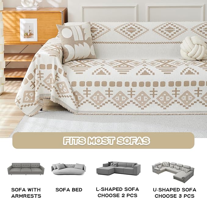 MEETSKY Boho Couch Cover Sofa Covers for Dogs,Decorative Soft Blend Washable Sofa Slipcovers Simply Put Sofa Throw Cover for Living Room, Khaki, 71" x 118"