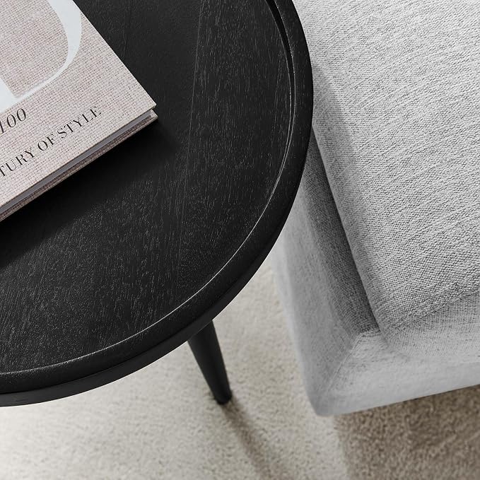 Modway Chiro Solid Wood Side Table in Black with Tray Top - Mid-Century Modern Round Accent Table - Small Bedside Table with Tapered Legs - Living Room End Table