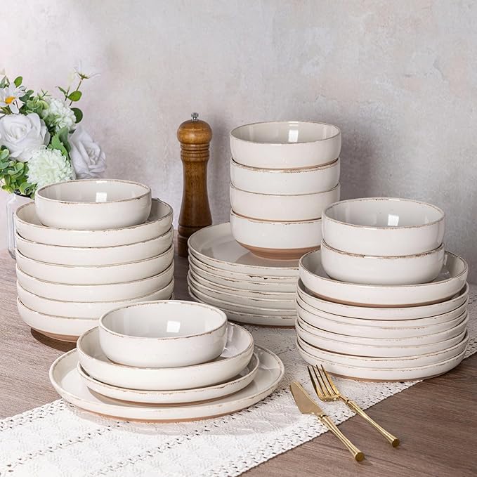 AmorArc 18 Pieces Ceramic Dinnerware Sets for 6, Handpainted Stoneware Plates and Bowls Set with Rustic Terracotta Underside, Scratch Resistant Dishes Set, Dishwasher & Microwave Safe