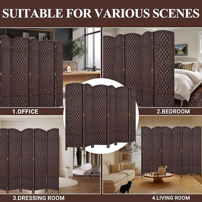 HALLYBEE Room Divider, Room Dividers and Folding Privacy Screens, 16in Privacy Screen, 6 Panel Temporary Wall Partitions, 6ft Space Separation Panel Screen, Brown
