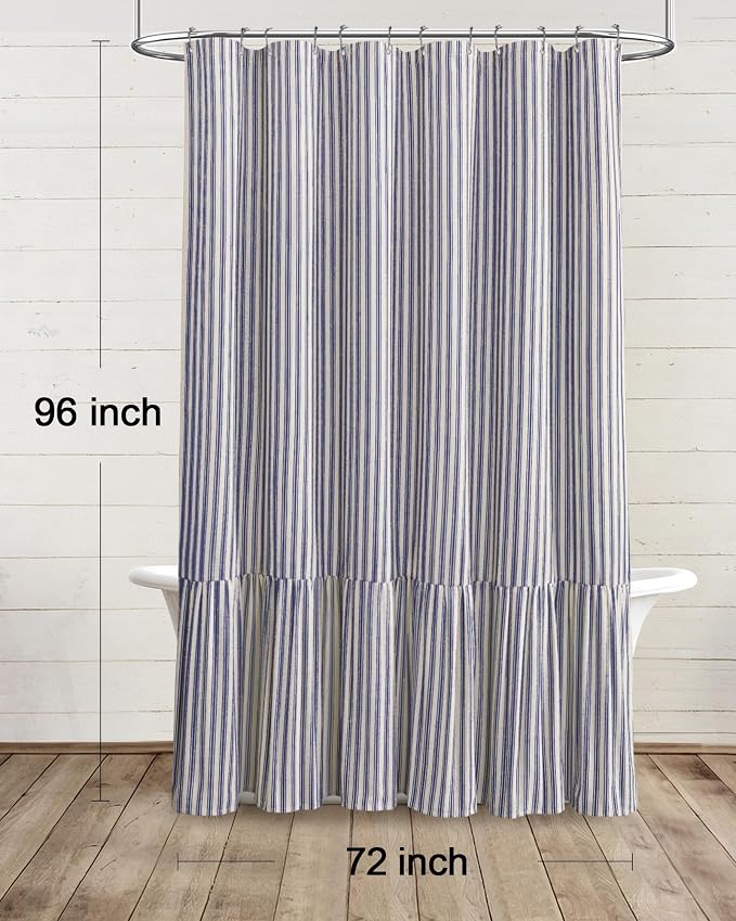 Farmhouse Shower Curtain with Ruffle Hem Linen Shower Curtains for Bathroom Country Vintage Rustic Natural Fabric, Cream-Blue Stripe 72" W x 96" L