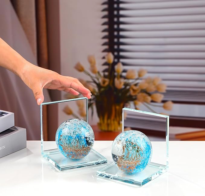 Book Ends for Shelves, Glass Bookends with Light Blue Glass Hand Blown Sea Wave Ball, Non Skid Sturdy Decorative Bookends for Ocean Lovers, Heavy Books, Office, Set of 2