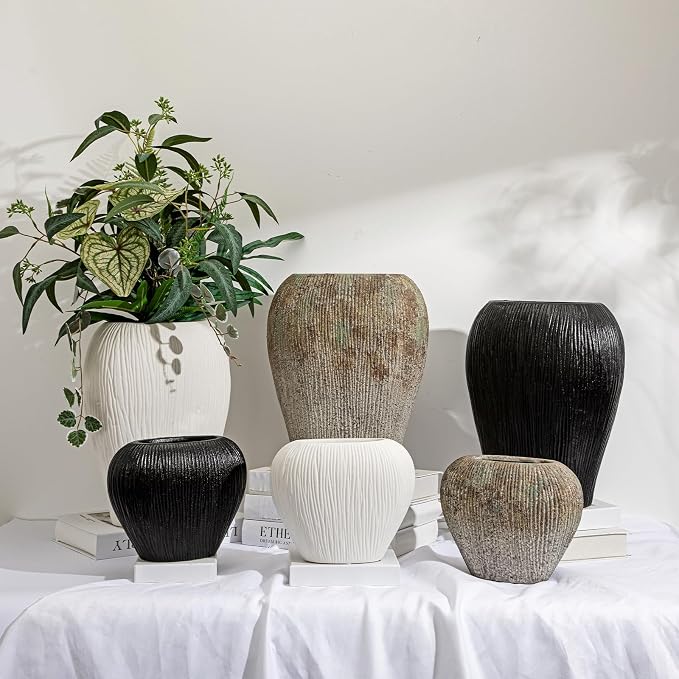 Slim Flat Ceramic Vase for Home Decor, 7" Ribbed Modern Flower Vase, Space-Saving Narrow Decorative Vase for Pampas Grass Artificial Flowers, Farmhouse Boho Table Centerpiece, White