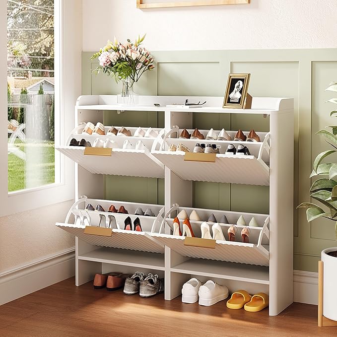 VINGLI 43.5" Large White Shoe Cabinet with 4 Flip Drawers, Slim Fluted Shoe Storage Cabinet with Unique Arched Side Panels, Modern Entryway Organizer with Gold Handles, Wide Shoe Rack for Hallway