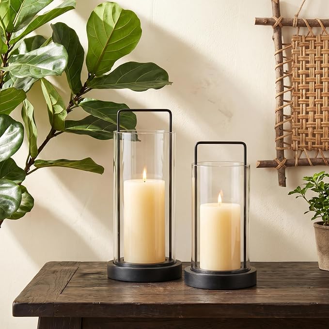 Modern Black Metal & Wood Hurricane Candle Holder Set of 2 Boho Farmhouse Glass Lantern for Table Centerpieces Decorative Pillar Candle Holders for Living Room, Patio, Centerpiece Decor(2, Black)