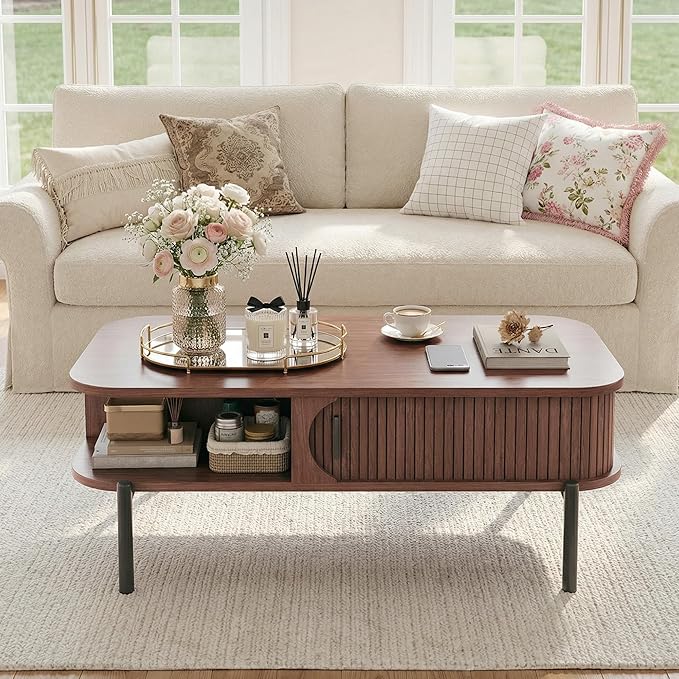 Coffee Table, Fluted Coffee Tables for Living Room, Mid Century Modern Coffee Tables with Storage Open Shelf, Walnut Coffee Table with Sliding Cabinet Door, 2-Tier Rustic Wood Desktop