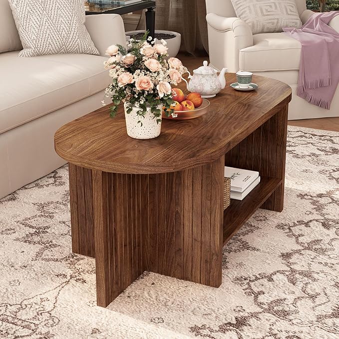 XUZENEST 43.3” Coffee Table with Storage, Oval Coffee Tables for Living Room, Farmhouse Fluted Coffee Table with Large Storage Shelf, Wood Center Table for Small Space, Walnut
