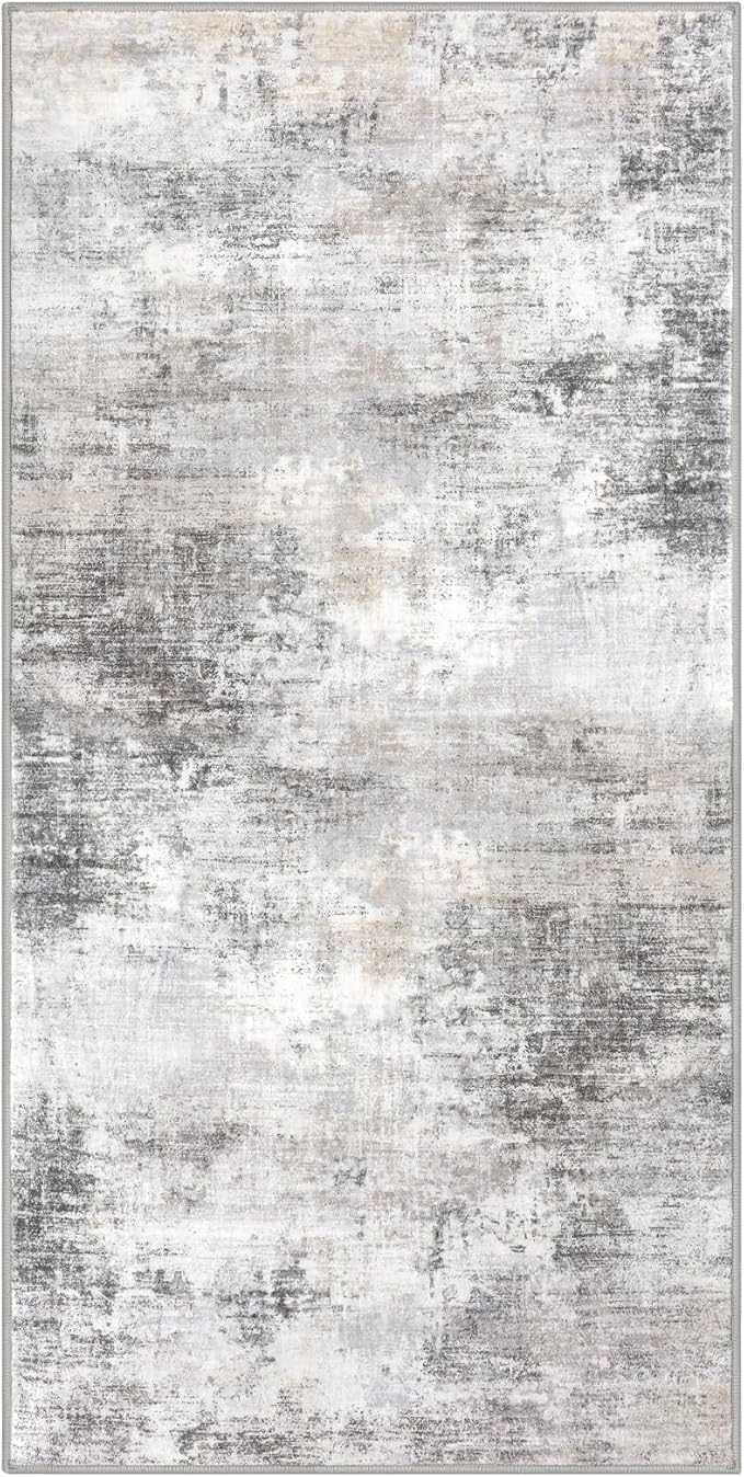 IOHOUZE Abstract Runner Rug 3x6 Ft Washable Runners for Hallways, Non Slip Kitchen Runner Printed Faux Wool Entryway Runner Indoor, Modern Abstract Floor Carpet for Hall Kitchen Bedroom, Grey Beige