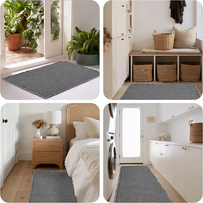 KGORGE Waffle Bath Mat, Super Absorbent 17" X 24" Farmhouse Ultra Soft Bathroom Rugs with Tassels for Bathroom Decor, Boho Non Slip Rubber Backed Shower Mats for Floor Bathtubs, Grey, 1pc