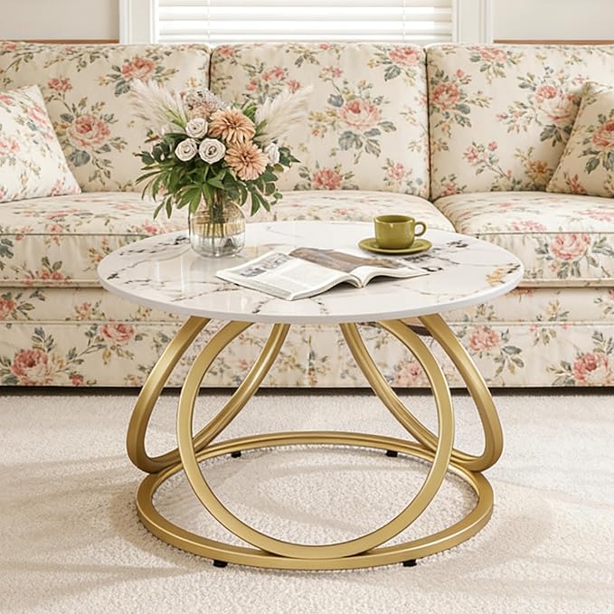 O&K FURNITURE Modern Gold Coffee Table, Faux Marble Pattern Center Table with Sintered Stone Tabletop, Round Coffee Table Living Room & Home Office