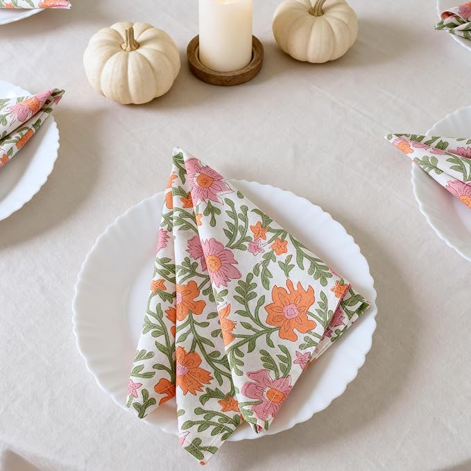 Floral Cloth Napkins Set of 12, 100% Cotton Reusable Dinner Napkins, Block Print Inspired, 18 x 18 Inch Table & Kitchen Napkins for Everyday Dining & Entertaining, Cream Floral