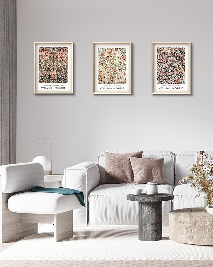 Framed William Morris Canvas Wall Art,Floral Pattern Vintage Poster Wall Decor,16x12IN High Framed Wood Design Prints,Minimalist Classic Decor Aesthetic for Living Room,Bedroom,Bathroom Set of 3
